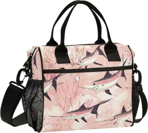 KLL Lunch Box Women with Bottle Holder Insulated Lunch Box Tote Bag with Shoulder Strap Lunch Tote for Women Teachers University M Art Swordfish Fishes