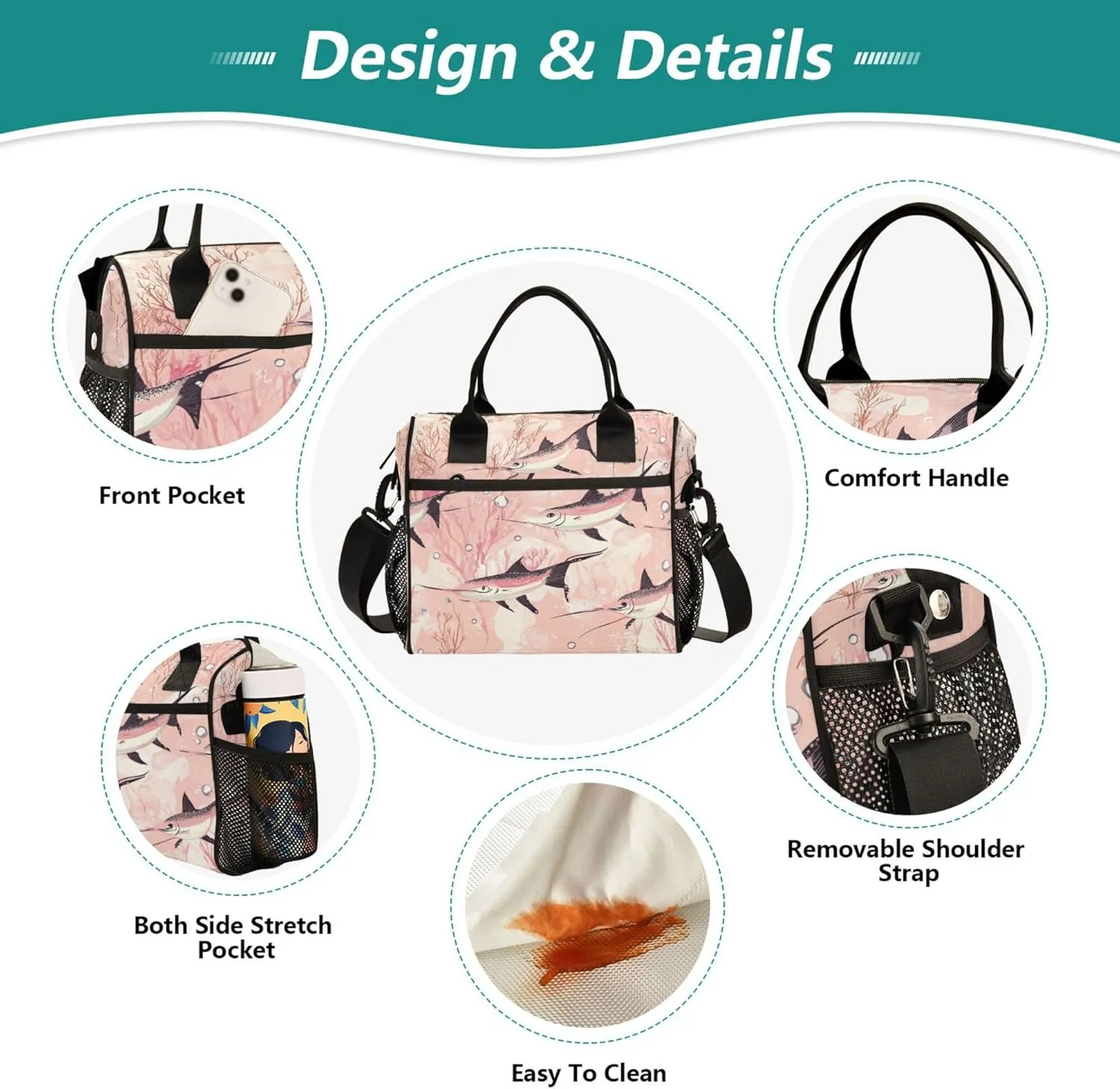 KLL Lunch Box Women with Bottle Holder Insulated Lunch Box Tote Bag with Shoulder Strap Lunch Tote for Women Teachers University M Art Swordfish Fishes