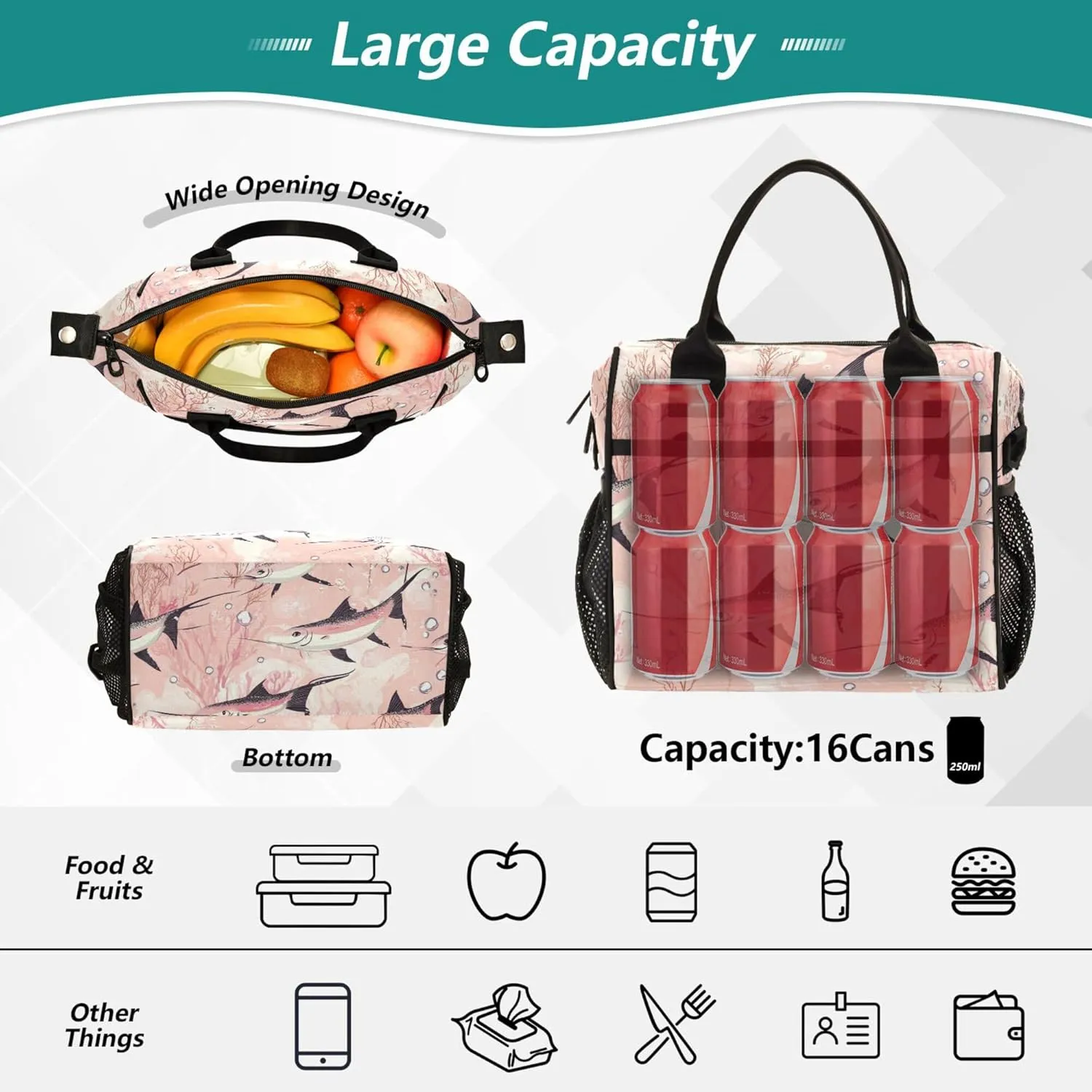 KLL Lunch Box Women with Bottle Holder Insulated Lunch Box Tote Bag with Shoulder Strap Lunch Tote for Women Teachers University M Art Swordfish Fishes