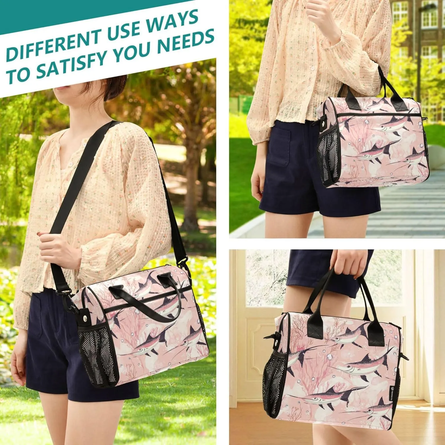 KLL Lunch Box Women with Bottle Holder Insulated Lunch Box Tote Bag with Shoulder Strap Lunch Tote for Women Teachers University M Art Swordfish Fishes