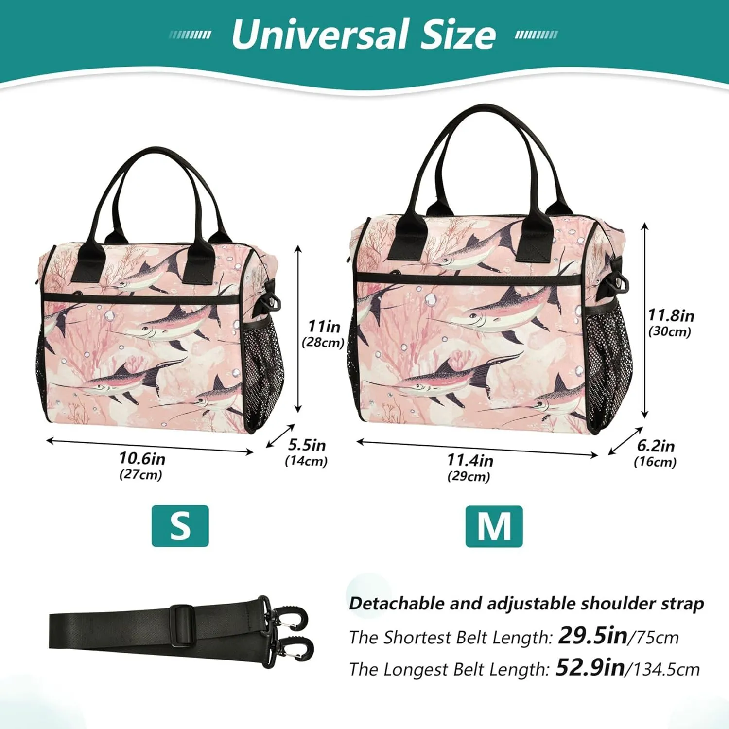 KLL Lunch Box Women with Bottle Holder Insulated Lunch Box Tote Bag with Shoulder Strap Lunch Tote for Women Teachers University M Art Swordfish Fishes