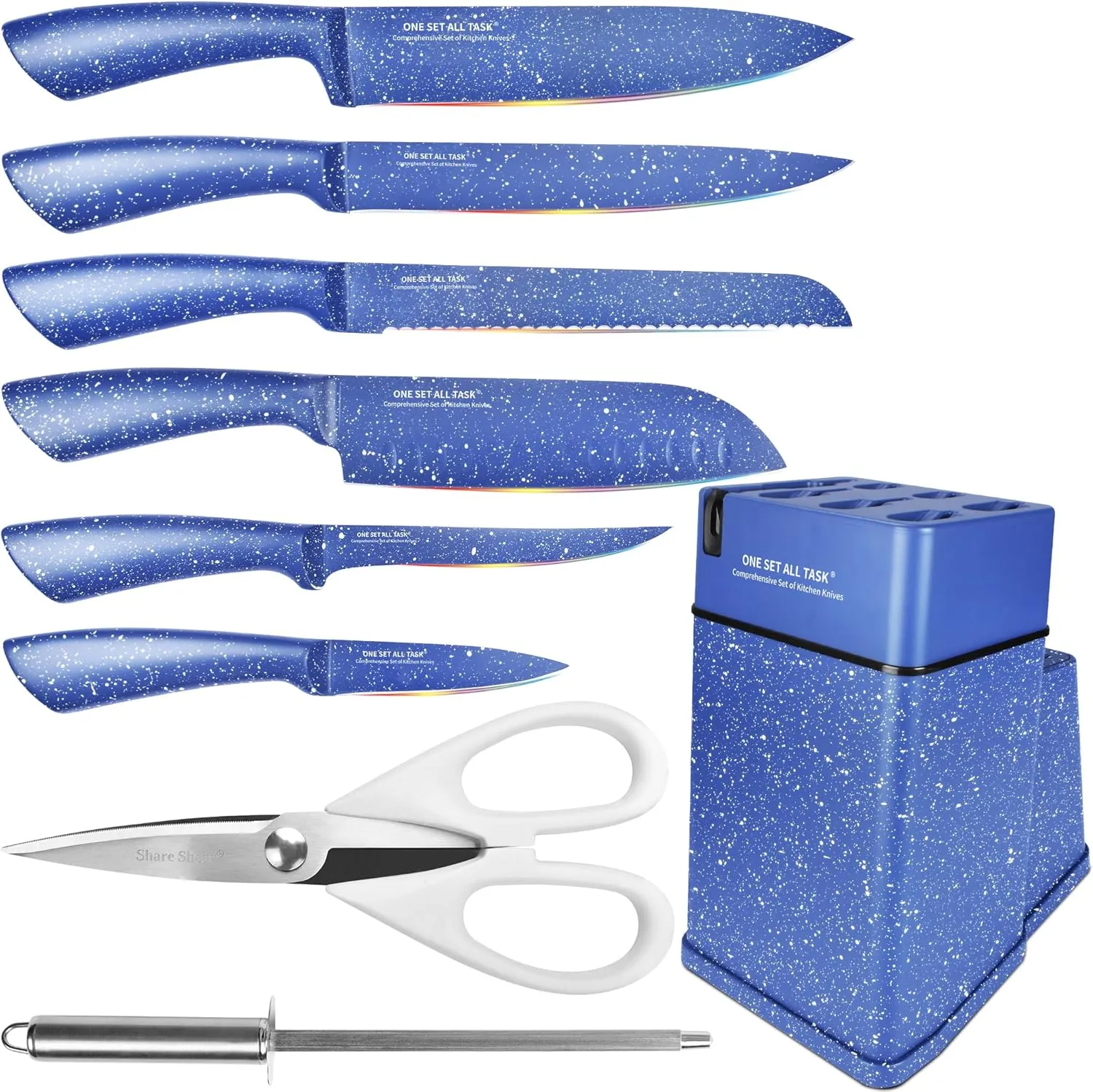 Knife Set with Block, High Carbon Stainless Steel Knife Block Set, Kitchen Knife Block Set with Built in Sharpener, Scissor, Chef, Bread, Santoku, Fruit, Boning, Serrated Bread Knife Set