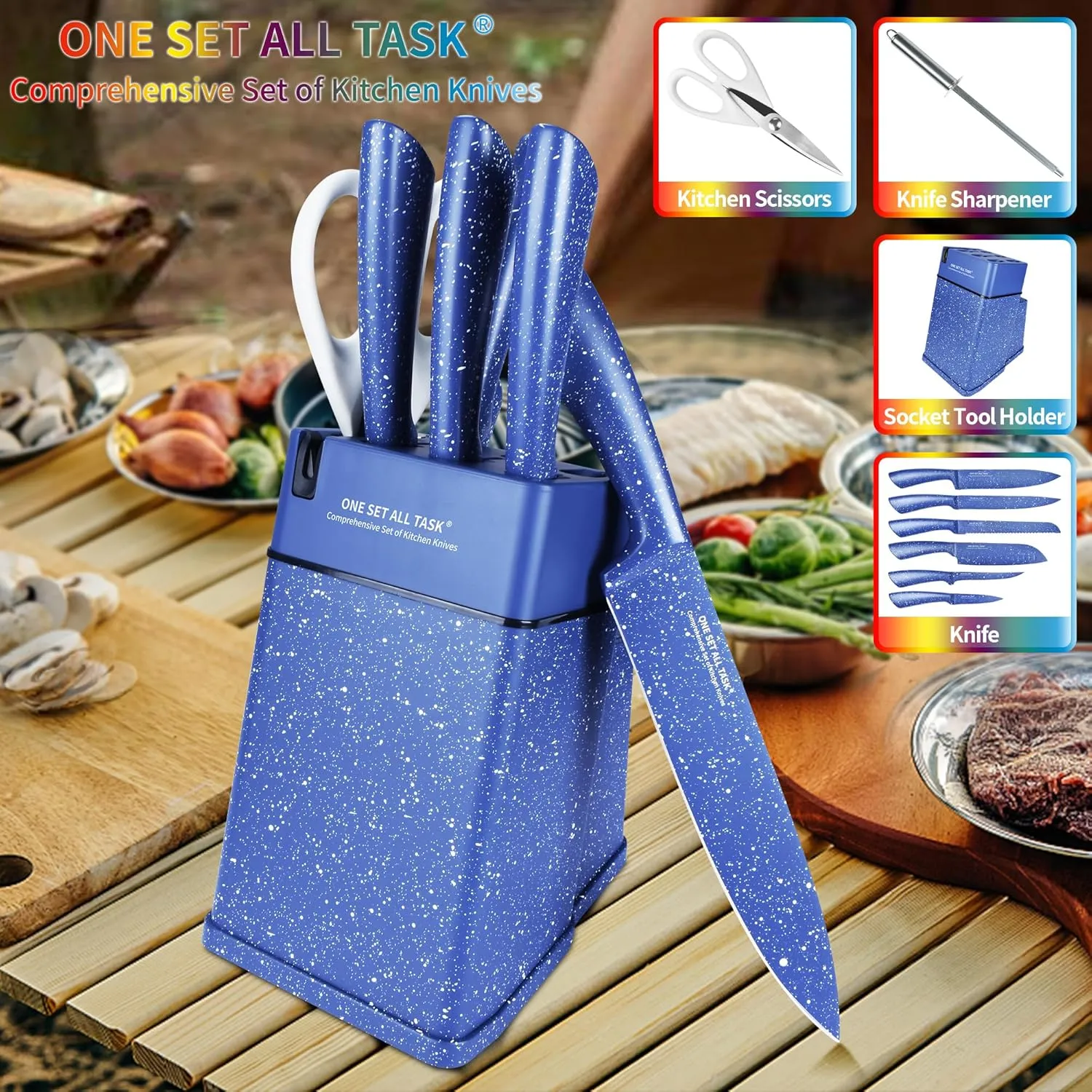 Knife Set with Block, High Carbon Stainless Steel Knife Block Set, Kitchen Knife Block Set with Built in Sharpener, Scissor, Chef, Bread, Santoku, Fruit, Boning, Serrated Bread Knife Set