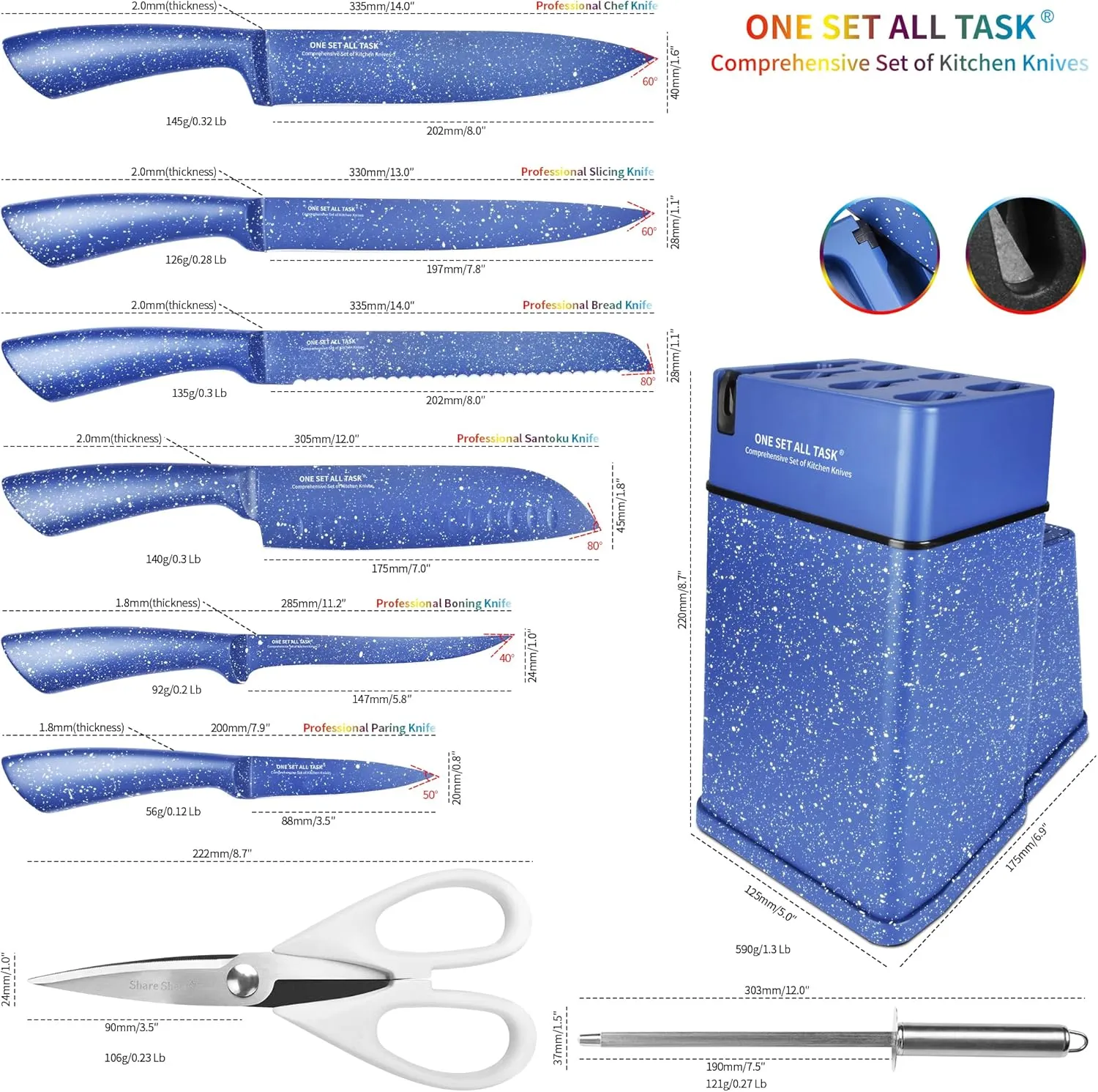 Knife Set with Block, High Carbon Stainless Steel Knife Block Set, Kitchen Knife Block Set with Built in Sharpener, Scissor, Chef, Bread, Santoku, Fruit, Boning, Serrated Bread Knife Set