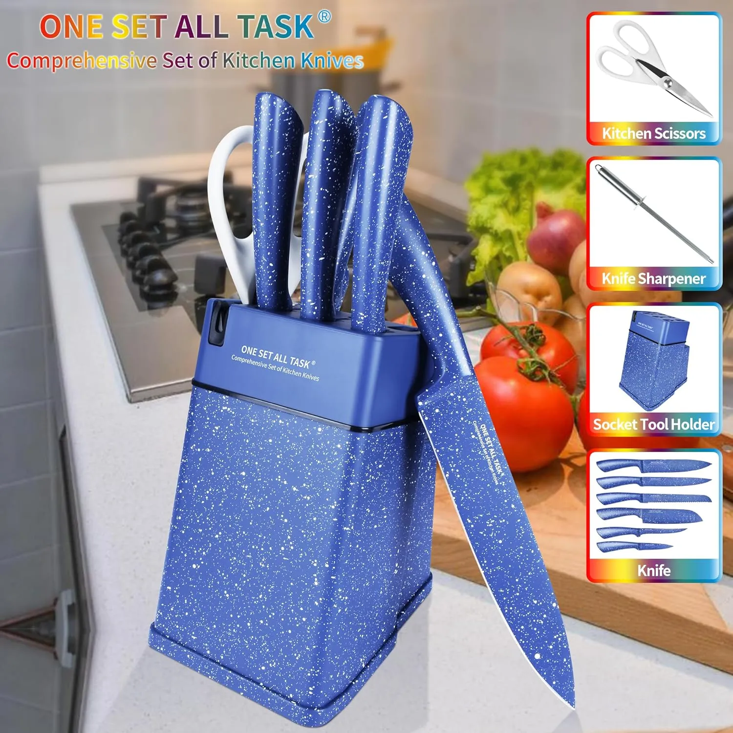 Knife Set with Block, High Carbon Stainless Steel Knife Block Set, Kitchen Knife Block Set with Built in Sharpener, Scissor, Chef, Bread, Santoku, Fruit, Boning, Serrated Bread Knife Set