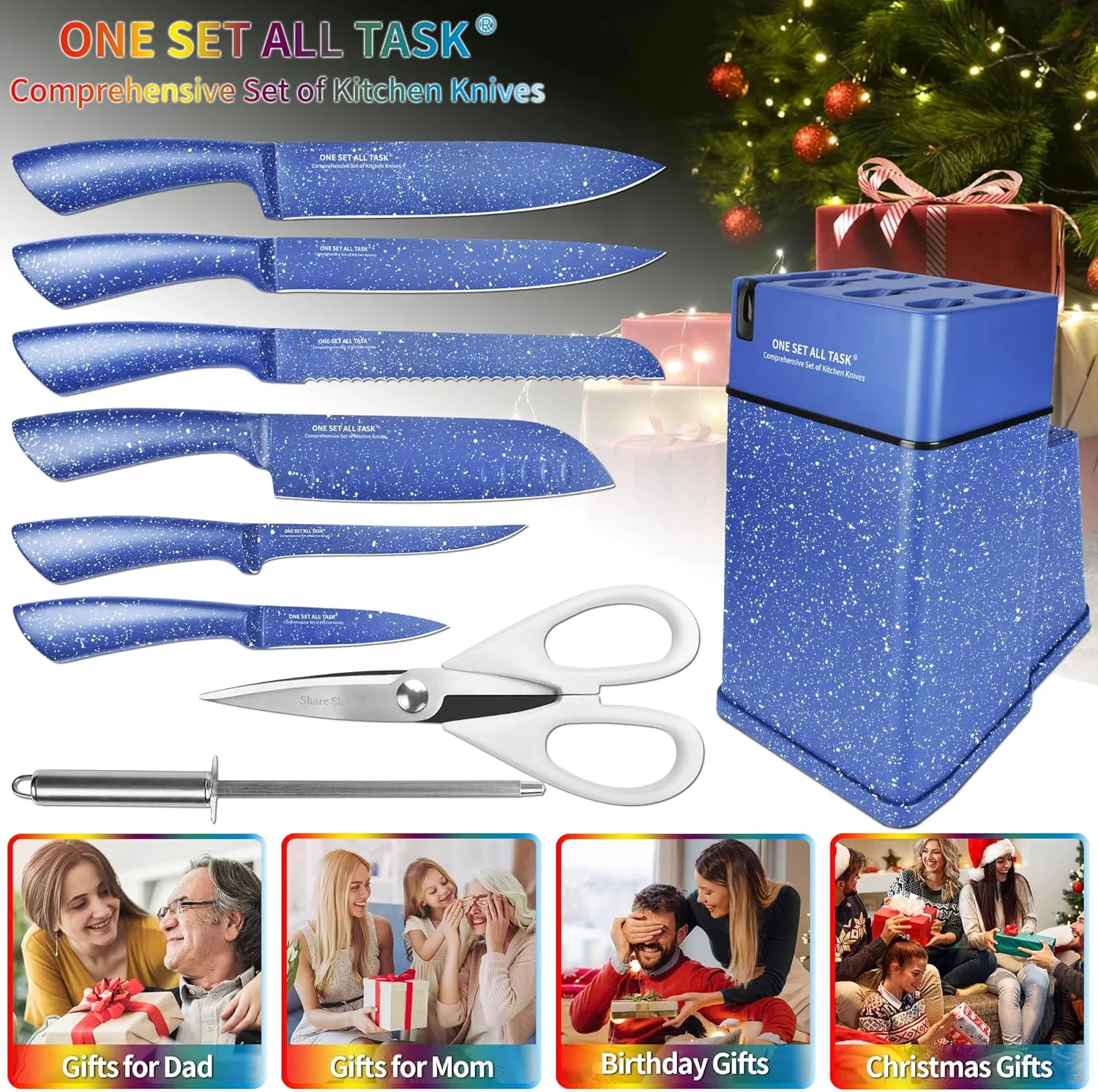 Knife Set with Block, High Carbon Stainless Steel Knife Block Set, Kitchen Knife Block Set with Built in Sharpener, Scissor, Chef, Bread, Santoku, Fruit, Boning, Serrated Bread Knife Set