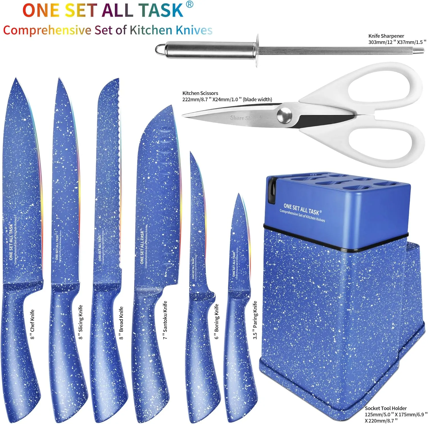 Knife Set with Block, High Carbon Stainless Steel Knife Block Set, Kitchen Knife Block Set with Built in Sharpener, Scissor, Chef, Bread, Santoku, Fruit, Boning, Serrated Bread Knife Set