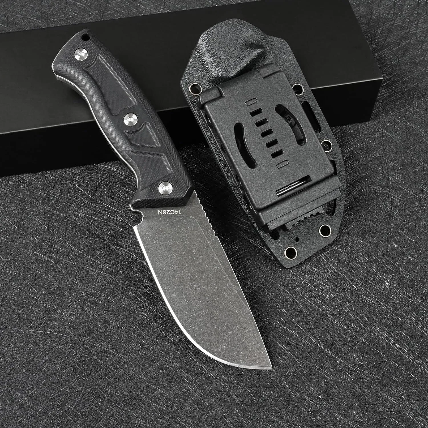 Knives 14C28N Steel Fixed Blade Tactical Knife with kydex sheath for Men EDC Outdoor Camping Survival Hunting (Black stone wash black G10 handle)