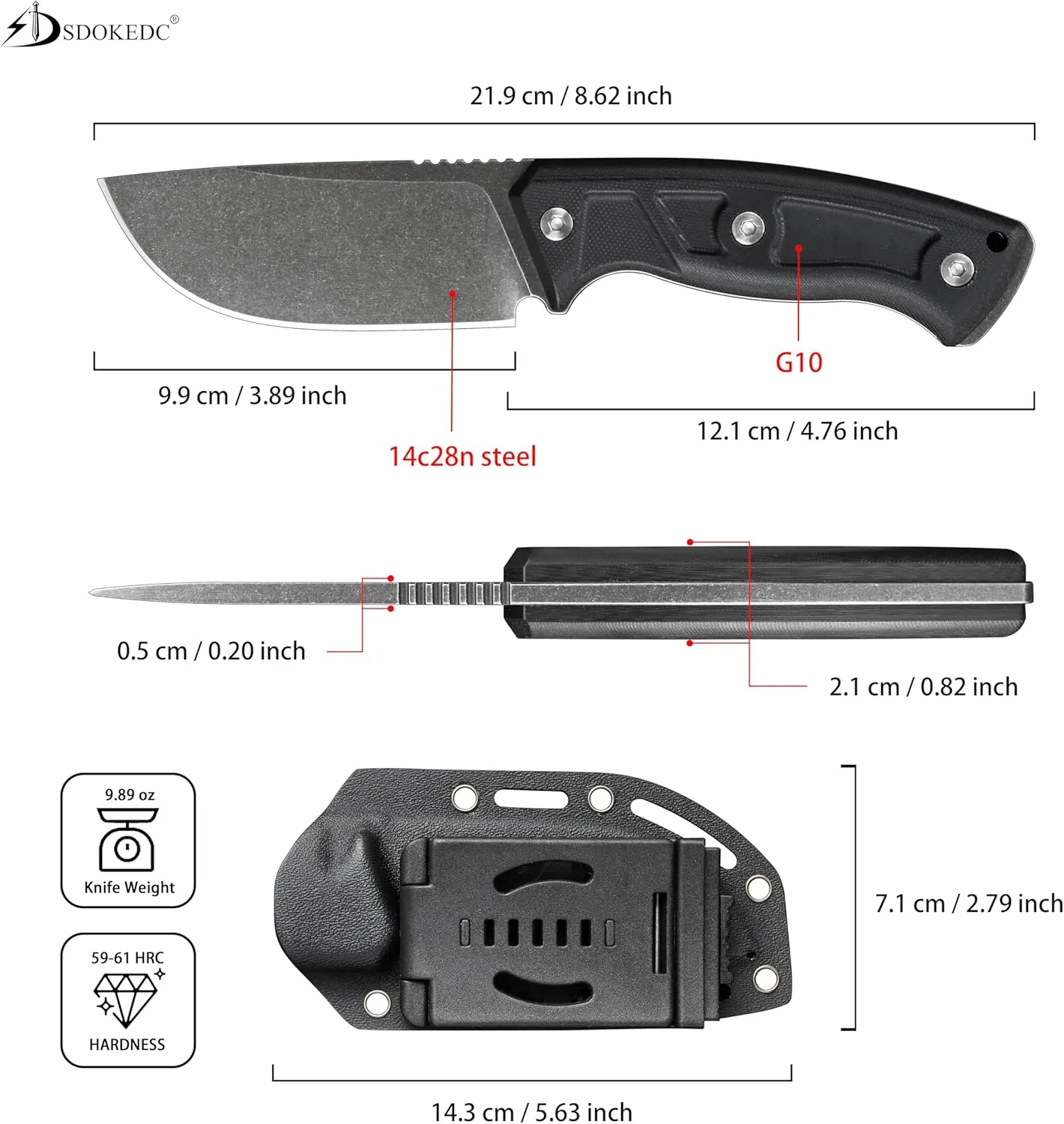 Knives 14C28N Steel Fixed Blade Tactical Knife with kydex sheath for Men EDC Outdoor Camping Survival Hunting (Black stone wash black G10 handle)
