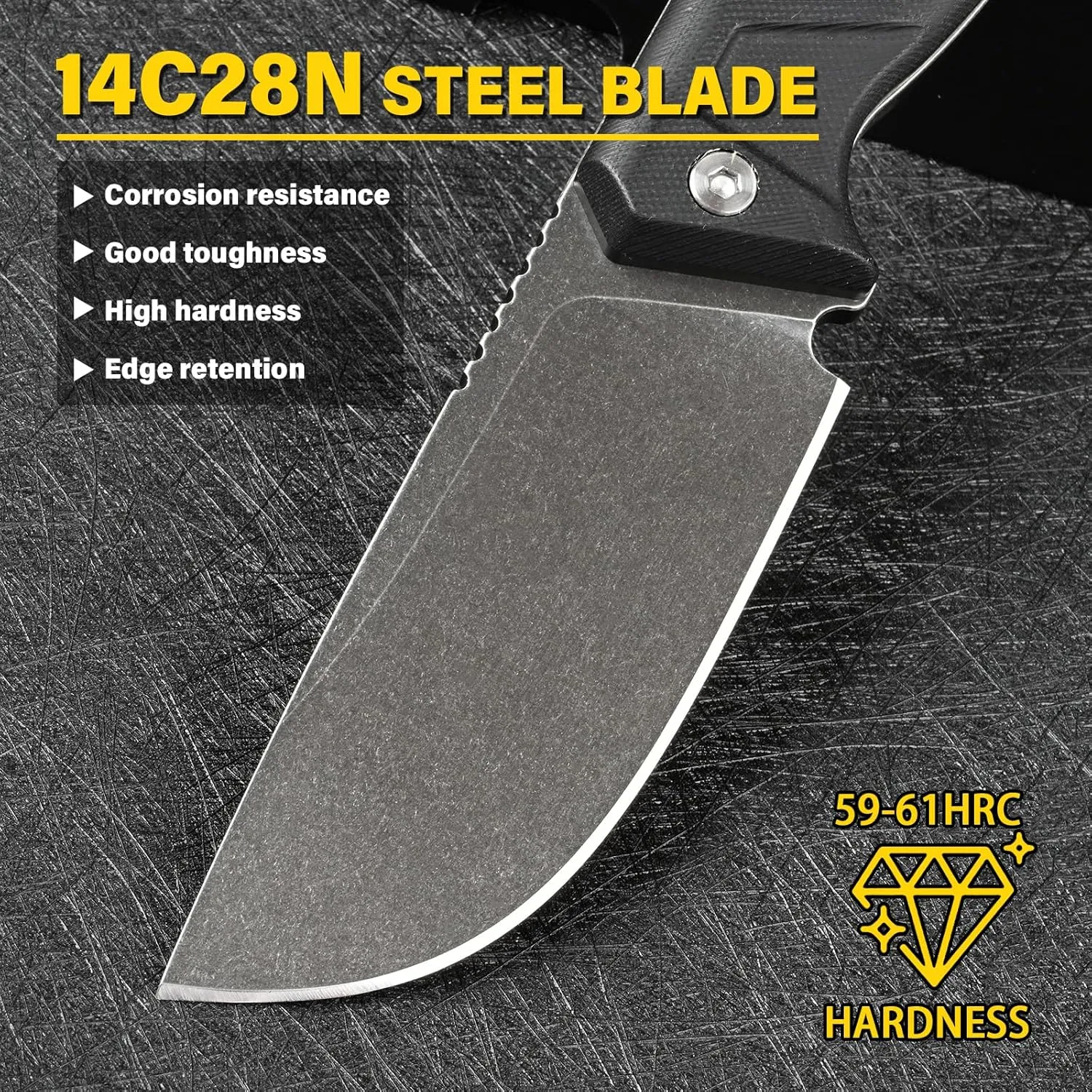 Knives 14C28N Steel Fixed Blade Tactical Knife with kydex sheath for Men EDC Outdoor Camping Survival Hunting (Black stone wash black G10 handle)