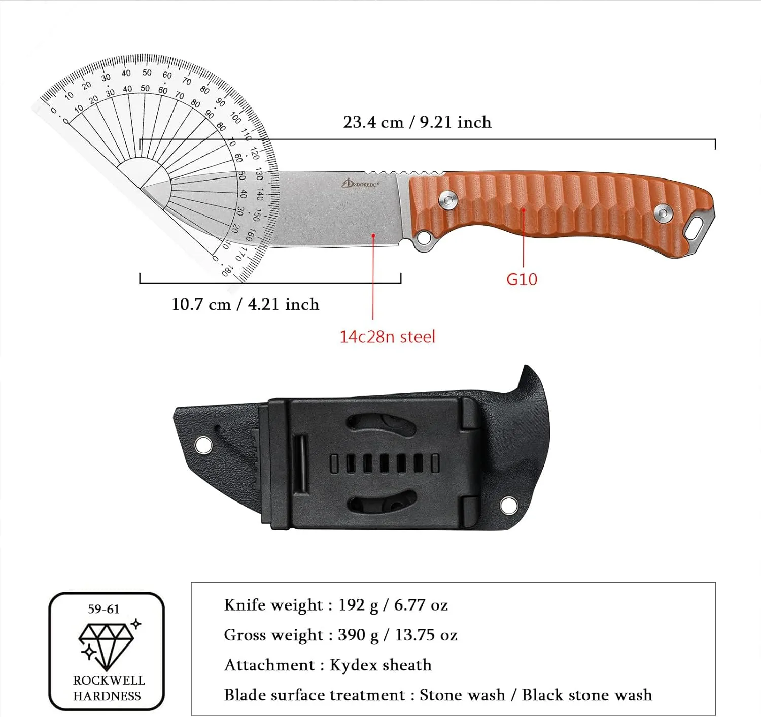 Knives 14C28N Steel Tactical Fixed Blade Knife with kydex sheath for Men EDC Outdoor Camping Survival Hunting (White brown)