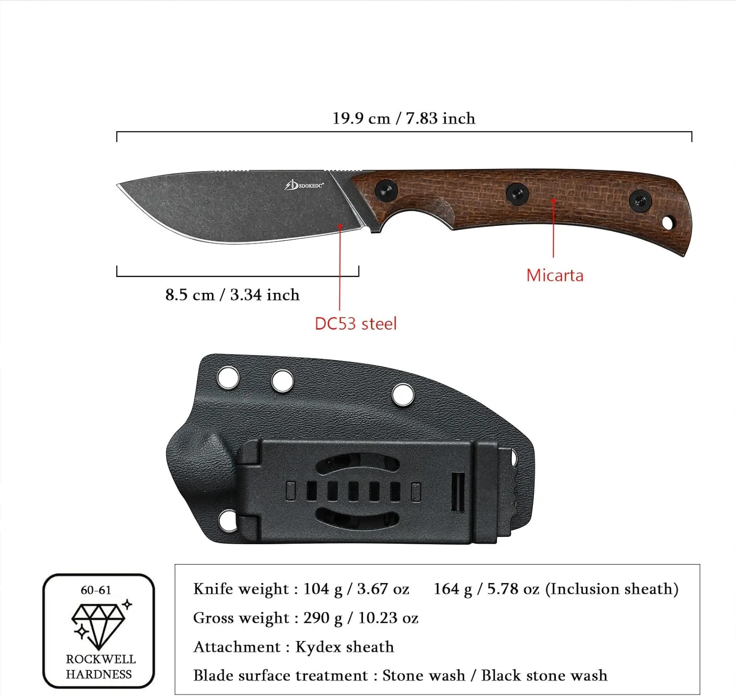 Knives 3.34“ DC53 Steel Tactical Fixed Blade Knife Micarta Handle with kydex sheath for Men EDC Outdoor Camping Survival Hunting (Black Stone Wash)