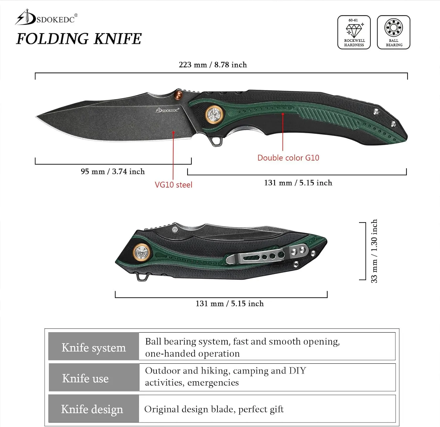 Knives VG10 Steel Ball Bearing Folding Knife for Men G10 Handle EDC Tactical Pocket Knife for Outdoor Camping Hunting Survival (Black stone wash)