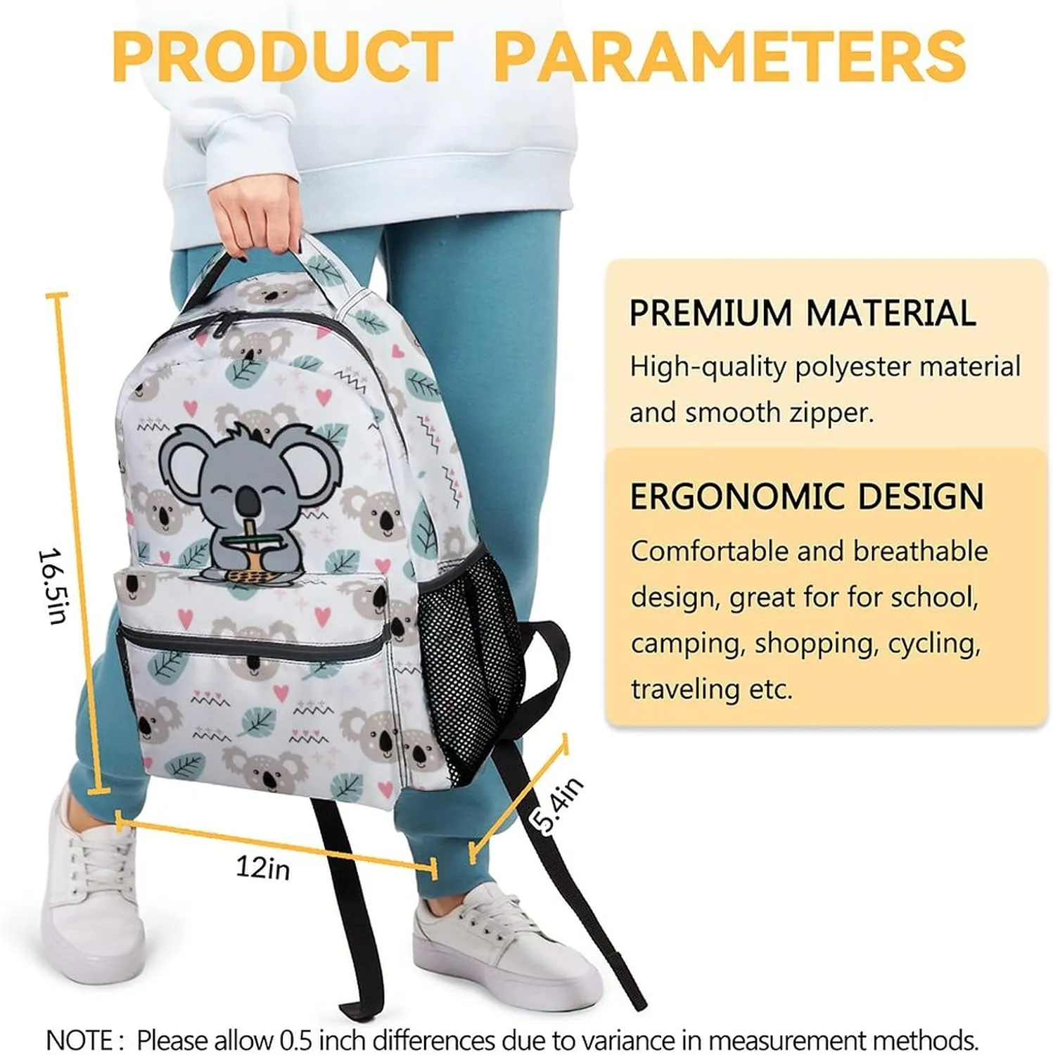 Koala Backpack for Girls Boys, 16 Inch Cute Backpack for School, White Lightweight Durable Bookbag for Kids