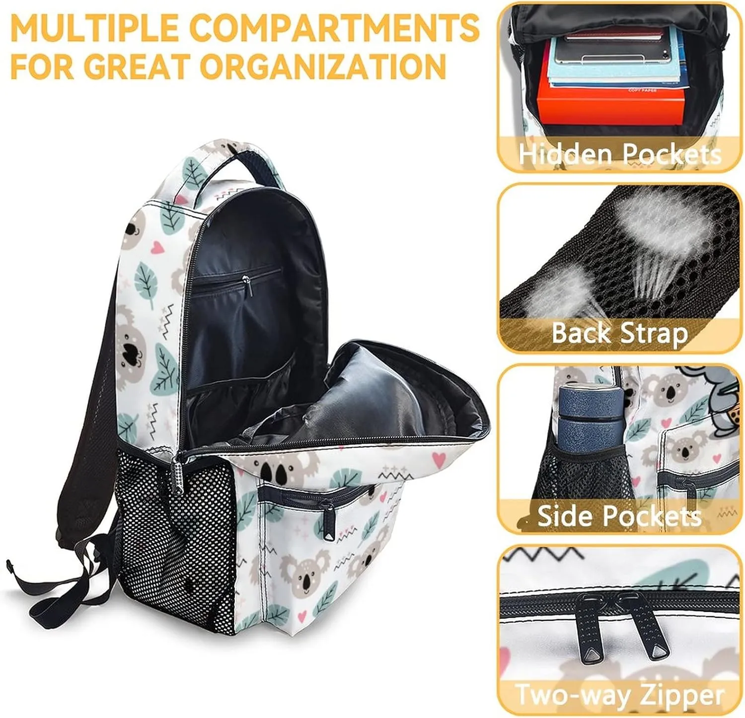 Koala Backpack for Girls Boys, 16 Inch Cute Backpack for School, White Lightweight Durable Bookbag for Kids