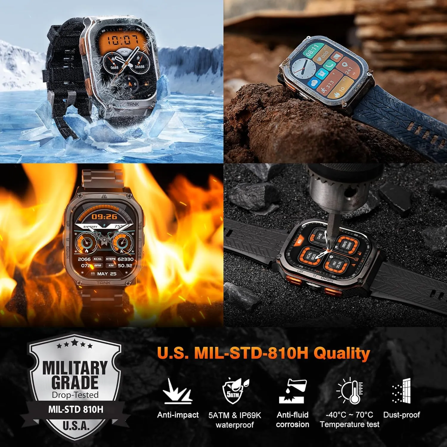 KOSPET Tank M3 Ultra Smart Watch with GPS, 50M Waterproof, Compass, Altitude, Air Pressure, 480mAh Extra Large Battery, Full Stainless Steel, Bluetooth Call, 1.96'' AMOLED Always-on Display, AI Voice