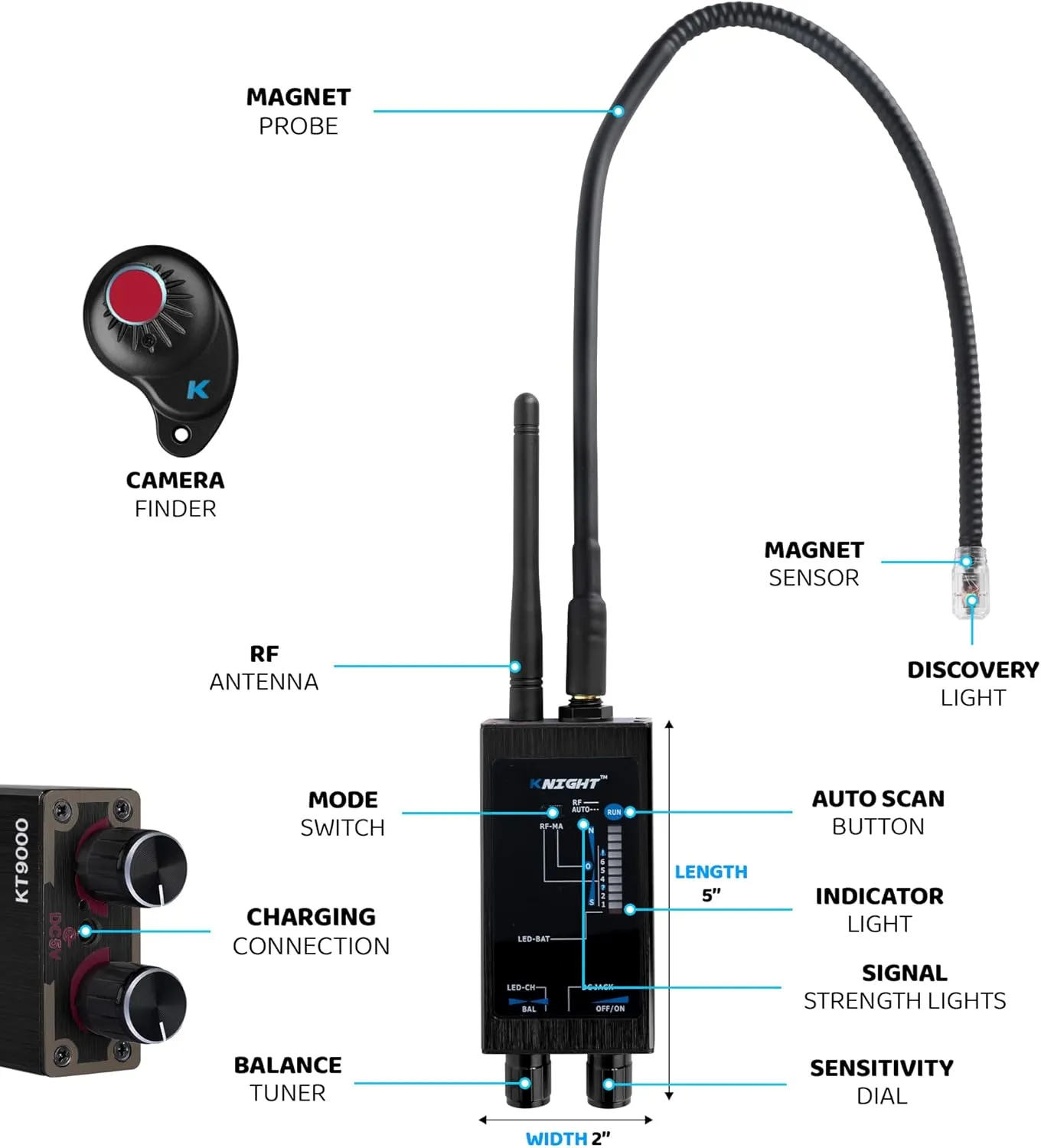 KT-9000 Premium Hidden Devices Detector by Knight Electronics - Hidden Camera Detectors RF Detector & Bug Detector | Hidden Camera Finder for GPS Tracking/Radio Frequency Signal Detection Anti Spy