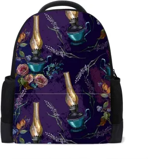 Kuizee Classic Backpack Adjustable Padded Shoulder Straps Daypack ﻿Kerosene Lamp Roses Fairy Tale Goth Purple Book Bag Casual Bags Durable College School Daily 16Inch