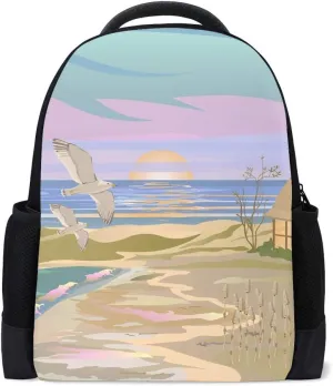Kuizee Classic Backpack Adjustable Padded Shoulder Straps Daypack ﻿Seaside Beach Hut Seagull Sky Book Bag Casual Bags Durable College School Daily 16Inch
