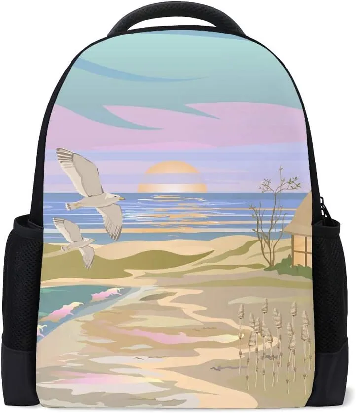 Kuizee Classic Backpack Adjustable Padded Shoulder Straps Daypack ﻿Seaside Beach Hut Seagull Sky Book Bag Casual Bags Durable College School Daily 16Inch