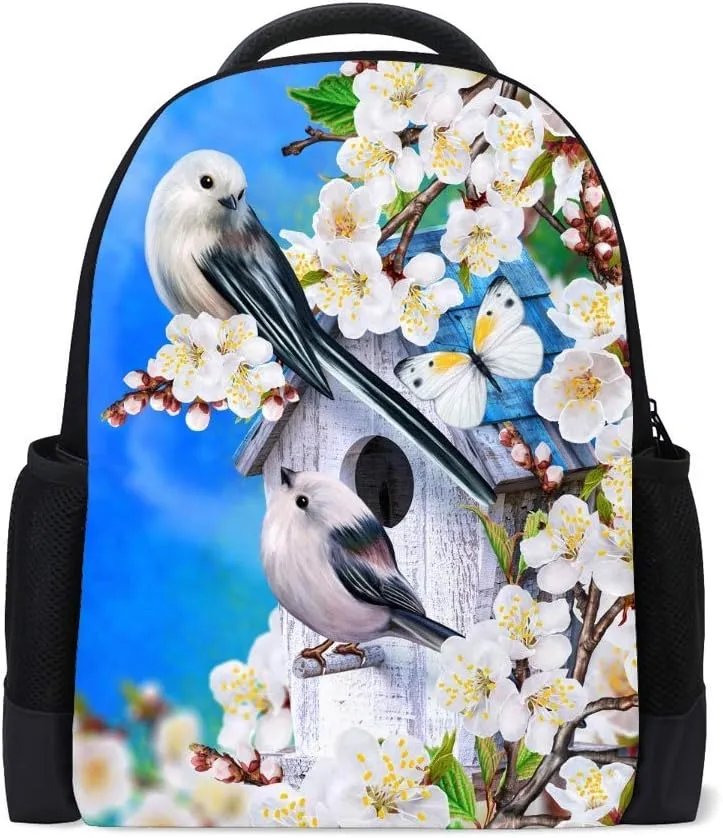 Kuizee Classic Backpack Schoolbag Adjustable Padded Shoulder Straps Daypack Blooming Cherry Blossoms Butterfly Birds Spring Casual Bags Durable College Daily 16Inch