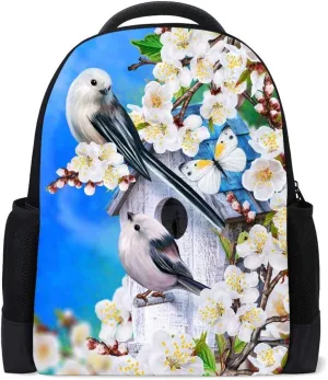 Kuizee Classic Backpack Schoolbag Adjustable Padded Shoulder Straps Daypack Blooming Cherry Blossoms Butterfly Birds Spring Casual Bags Durable College Daily 16Inch