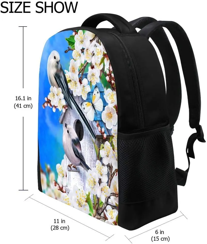 Kuizee Classic Backpack Schoolbag Adjustable Padded Shoulder Straps Daypack Blooming Cherry Blossoms Butterfly Birds Spring Casual Bags Durable College Daily 16Inch
