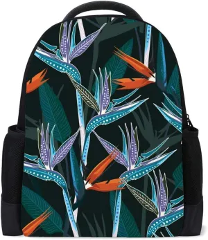 Kuizee Classic Backpack Schoolbag Adjustable Padded Shoulder Straps Daypack Dark Tropical Leaves Bird Paradise Flower Casual Bags Durable College Daily 16Inch