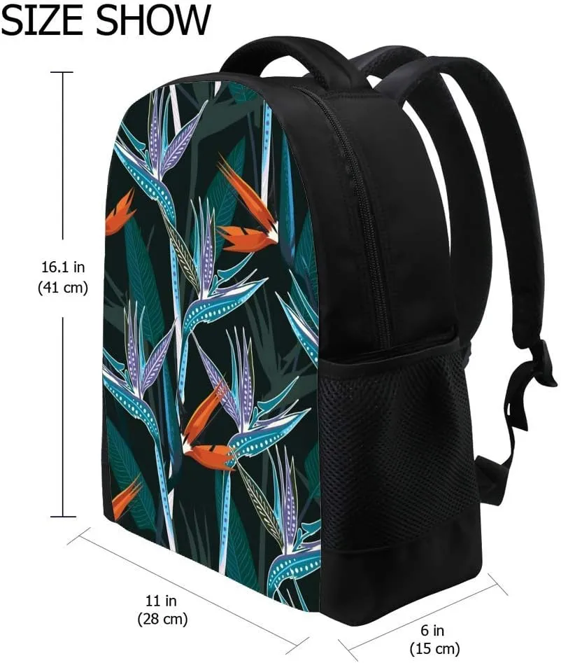 Kuizee Classic Backpack Schoolbag Adjustable Padded Shoulder Straps Daypack Dark Tropical Leaves Bird Paradise Flower Casual Bags Durable College Daily 16Inch