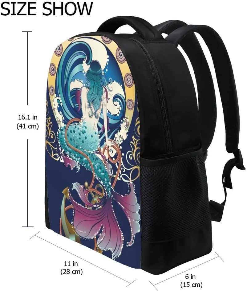 Kuizee Classic Backpack Schoolbag Adjustable Padded Shoulder Straps Daypack ﻿Fantasy Mermaid Sitting Vintage Art Nouveau Design Casual Bags Durable College Daily 16Inch