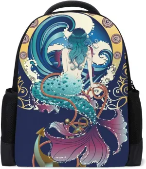 Kuizee Classic Backpack Schoolbag Adjustable Padded Shoulder Straps Daypack ﻿Fantasy Mermaid Sitting Vintage Art Nouveau Design Casual Bags Durable College Daily 16Inch