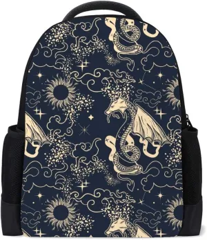 Kuizee Classic Backpack Schoolbag Adjustable Padded Shoulder Straps Daypack ﻿Mysterious Ethnic Tribe Sun Dragon Fantasy Black Casual Bags Durable College Daily 16Inch