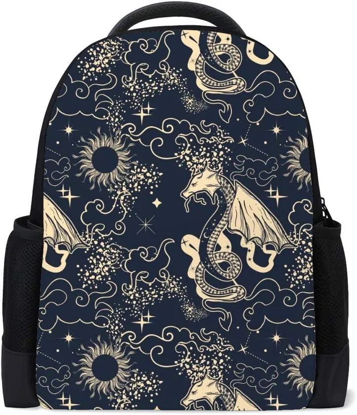 Kuizee Classic Backpack Schoolbag Adjustable Padded Shoulder Straps Daypack ﻿Mysterious Ethnic Tribe Sun Dragon Fantasy Black Casual Bags Durable College Daily 16Inch
