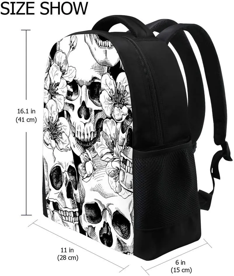 Kuizee Classic Backpack Schoolbag Adjustable Padded Shoulder Straps Daypack ﻿Skull Flowers Sketch Black And White Casual Bags Durable College Daily 16Inch