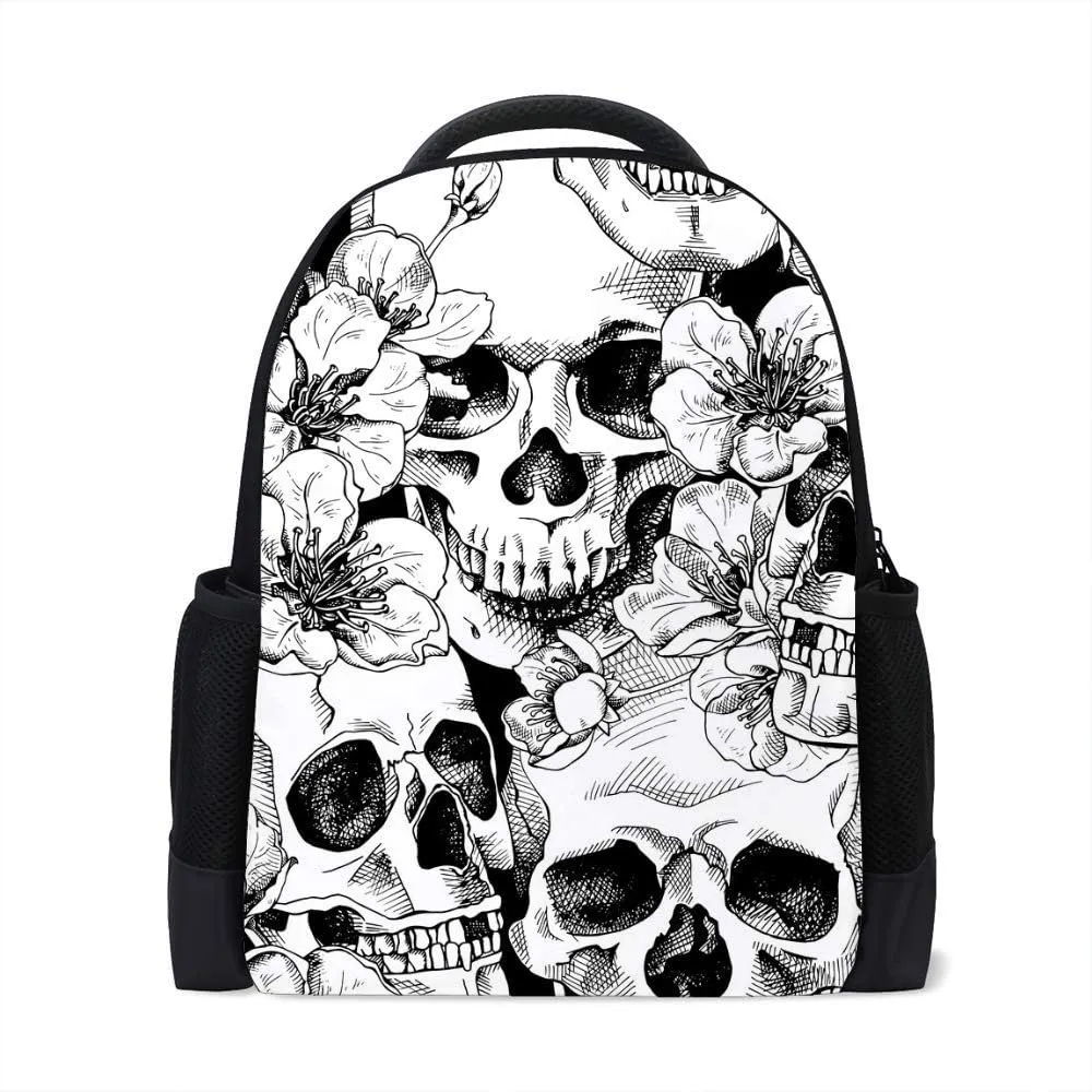 Kuizee Classic Backpack Schoolbag Adjustable Padded Shoulder Straps Daypack ﻿Skull Flowers Sketch Black And White Casual Bags Durable College Daily 16Inch