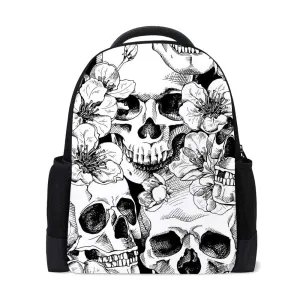 Kuizee Classic Backpack Schoolbag Adjustable Padded Shoulder Straps Daypack ﻿Skull Flowers Sketch Black And White Casual Bags Durable College Daily 16Inch