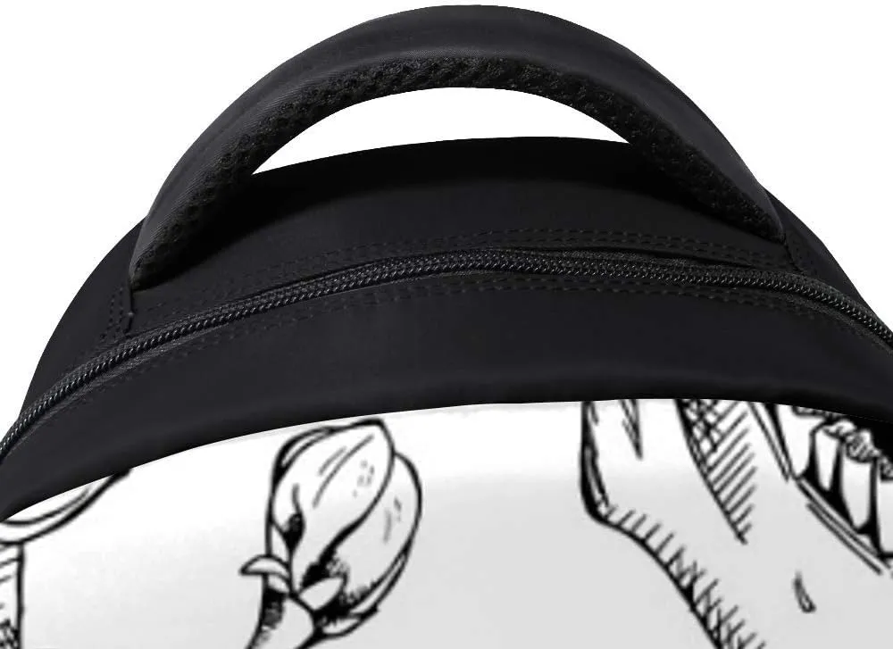Kuizee Classic Backpack Schoolbag Adjustable Padded Shoulder Straps Daypack ﻿Skull Flowers Sketch Black And White Casual Bags Durable College Daily 16Inch