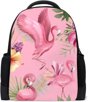 Kuizee Classic Backpack Schoolbag Adjustable Padded Shoulder Straps Daypack ﻿Tropical Exotic Floral Tileable Watercolor Pink Flamingo Birds Casual Bags Durable College Daily 16Inch