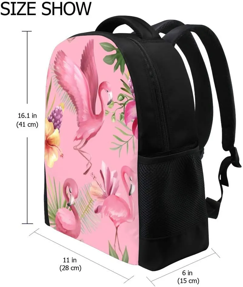 Kuizee Classic Backpack Schoolbag Adjustable Padded Shoulder Straps Daypack ﻿Tropical Exotic Floral Tileable Watercolor Pink Flamingo Birds Casual Bags Durable College Daily 16Inch