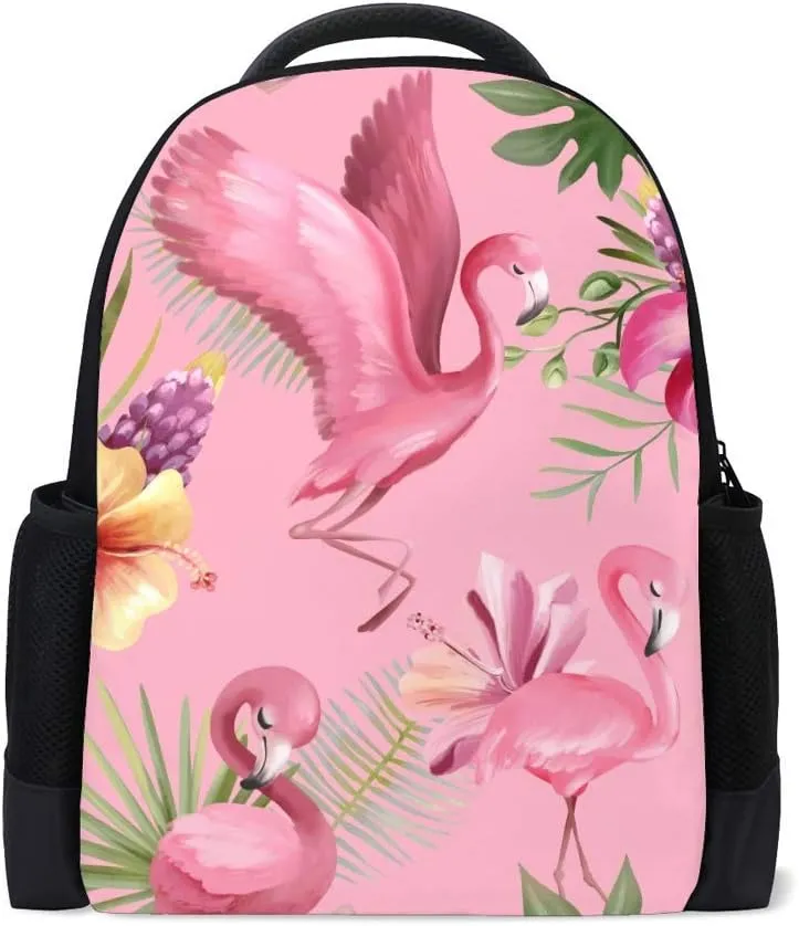 Kuizee Classic Backpack Schoolbag Adjustable Padded Shoulder Straps Daypack ﻿Tropical Exotic Floral Tileable Watercolor Pink Flamingo Birds Casual Bags Durable College Daily 16Inch