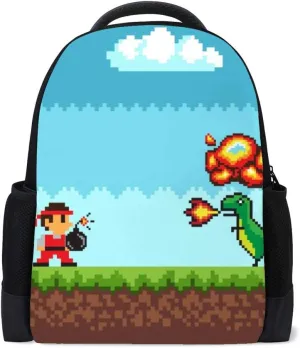 Kuizee School Bag Backpack Daypack ﻿Pixel Art Game 8 Bit Style Character Battle Book Bag Casual Bags Durable College School Travel Daily 16Inch