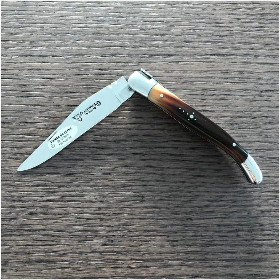 Laguiole en Aubrac Handmade Luxury Shiny Folding Pocket Steak Knife, 4-in (10 cm), Solid Horn Handle