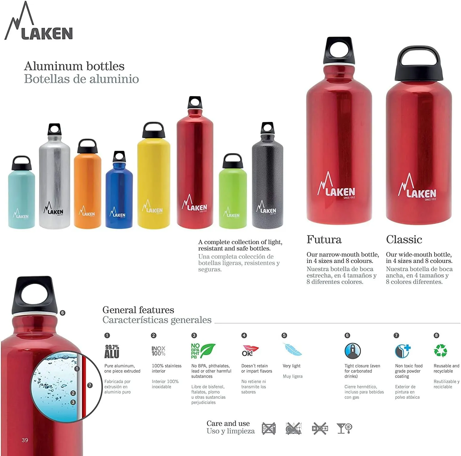 Laken Classic Aluminum Water Bottle, Wide Mouth with Screw Cap and Loop, BPA Free, Made in Spain, 20oz, Blue