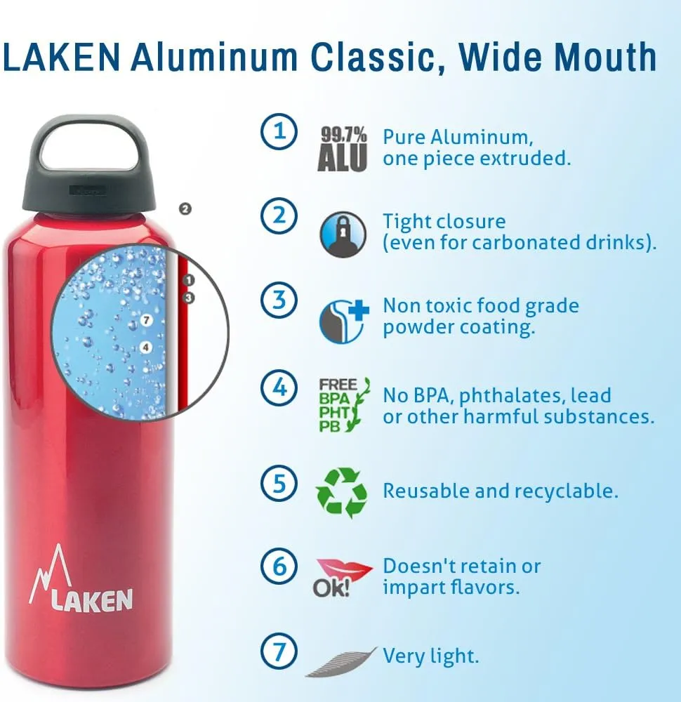 Laken Classic Aluminum Water Bottle, Wide Mouth with Screw Cap and Loop, BPA Free, Made in Spain, 25oz, Plain