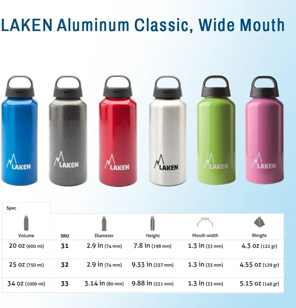 Laken Classic Aluminum Water Bottle, Wide Mouth with Screw Cap and Loop, BPA Free, Made in Spain, 25oz, Plain