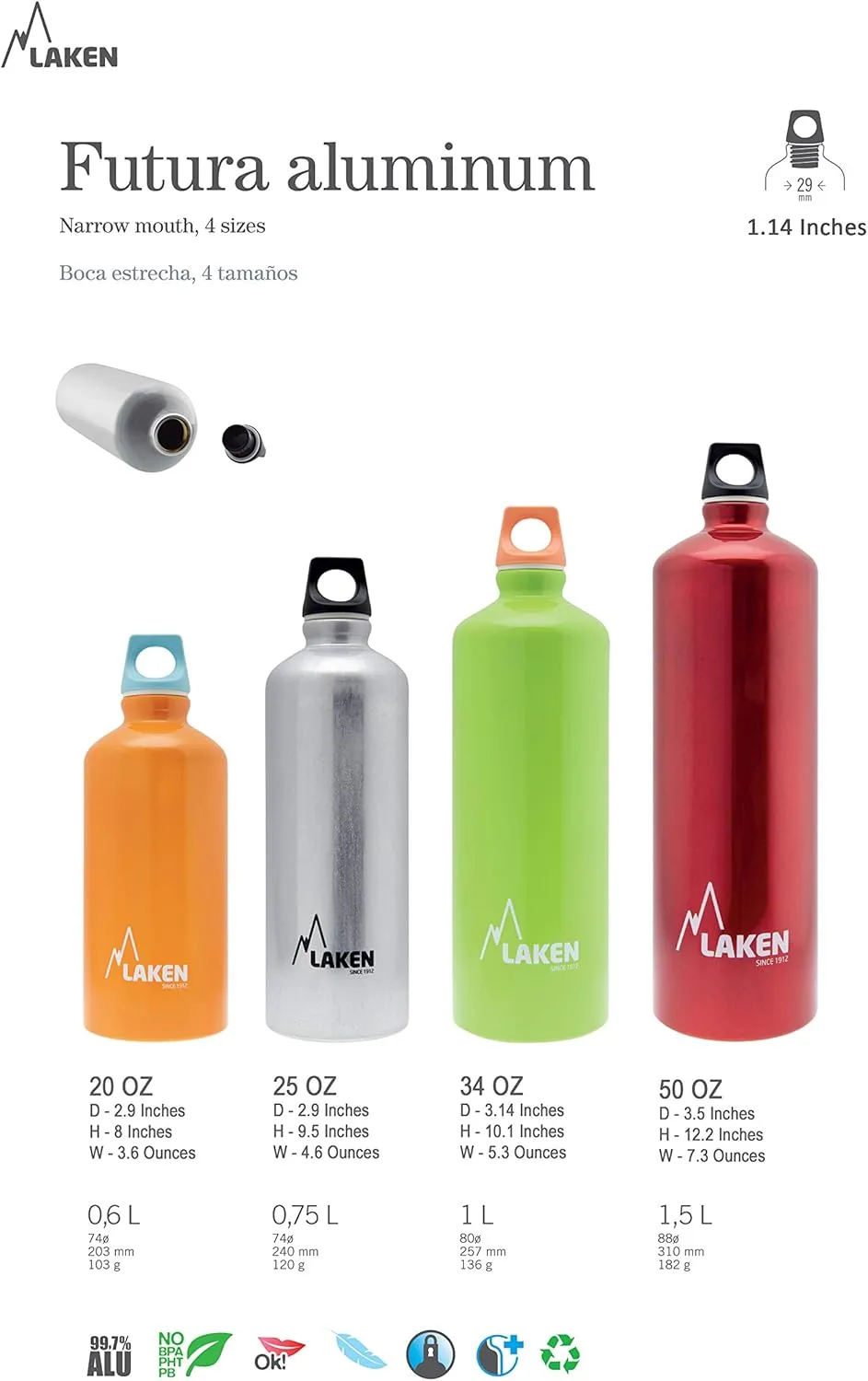 Laken Futura Aluminum Water Bottle - Narrow Mouth, Screw Cap with Loop - Leak-Proof, BPA Free, Made in Spain - 20oz, Light Green