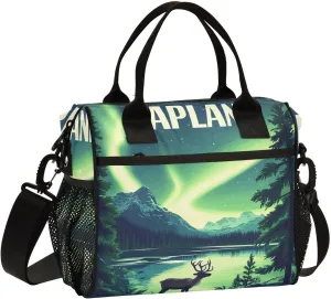 Lapland Reindeer Aurora Borealis Insulated Lunch Bag Reusable Lunch Box for Men Women Leakproof Cooler Tote Bag with Adjustable Shoulder Strap Food Handbag for Picnic Office Camping Travel Work