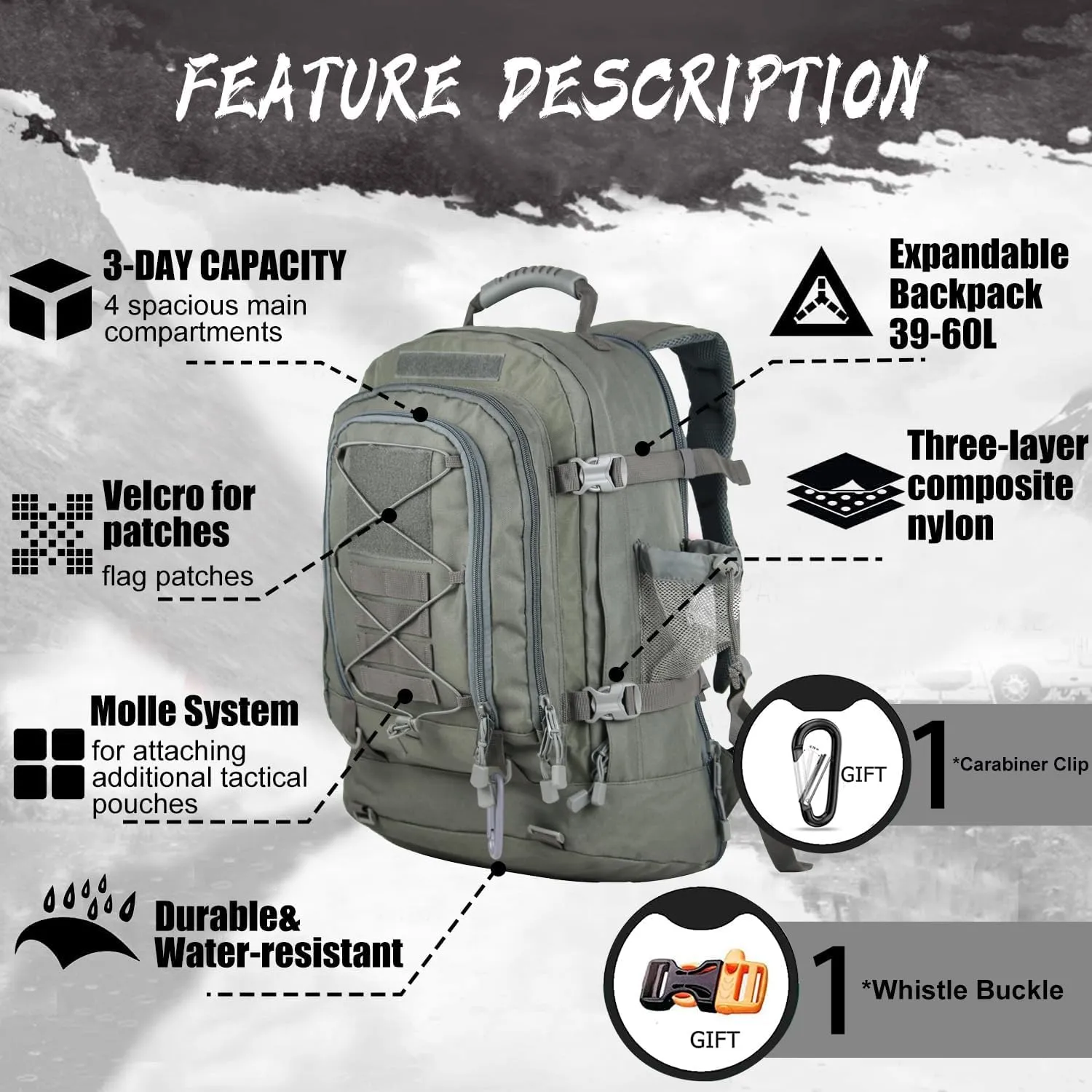 Large Military Bug Out Bag 3 Day Pack Expandable Backpack Army Daypack for Outdoor Hiking Hunting (Grey)