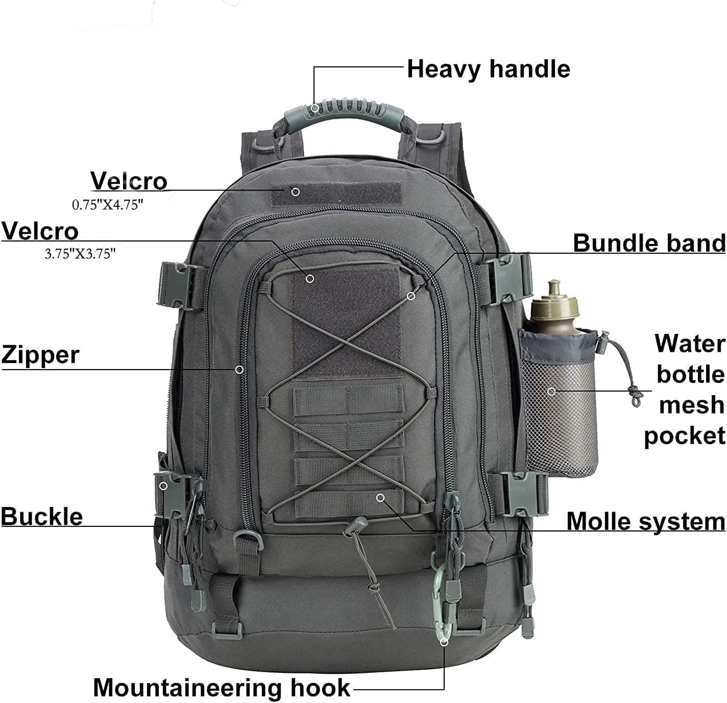 Large Military Bug Out Bag 3 Day Pack Expandable Backpack Army Daypack for Outdoor Hiking Hunting (Grey)