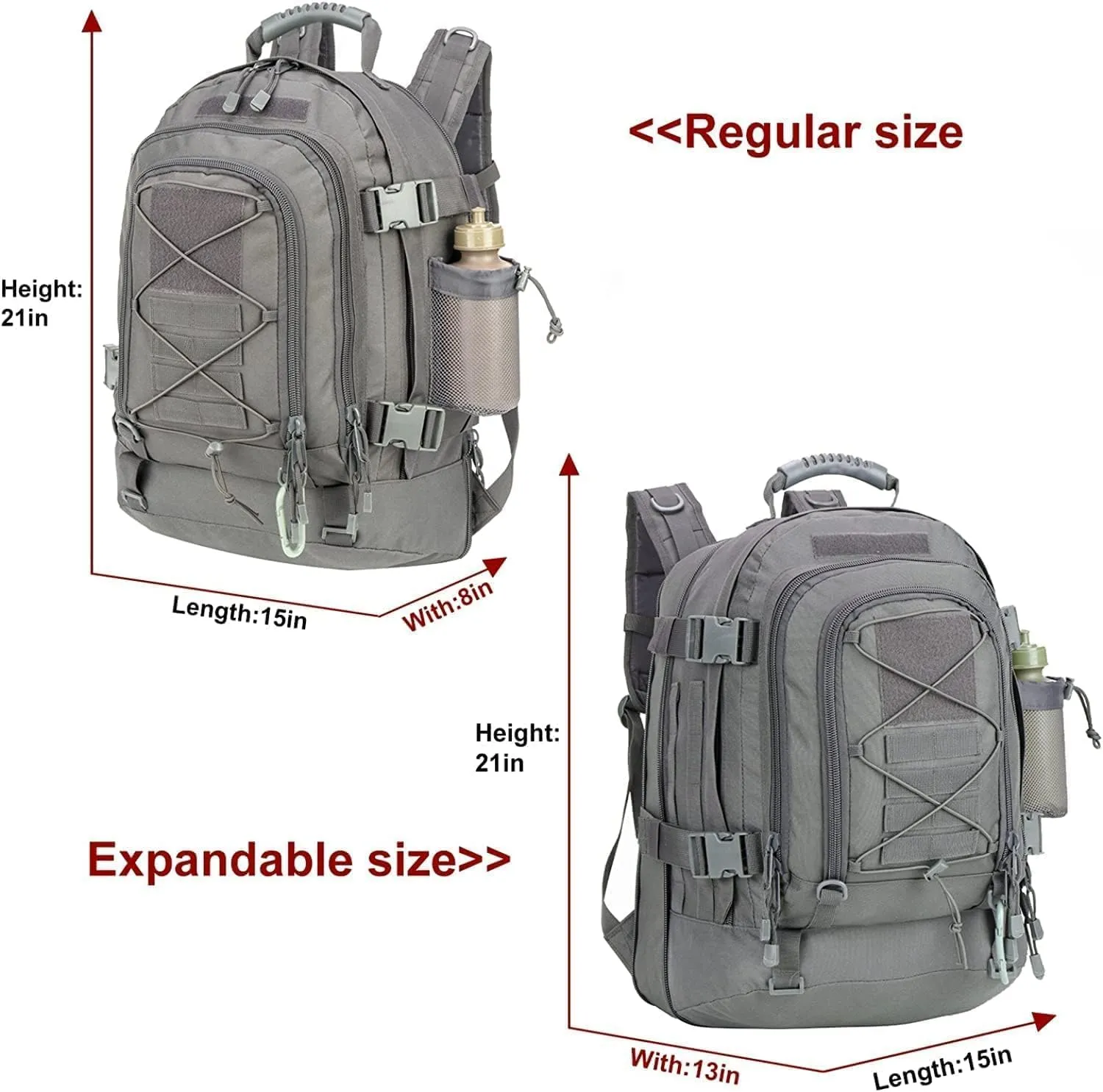 Large Military Bug Out Bag 3 Day Pack Expandable Backpack Army Daypack for Outdoor Hiking Hunting (Grey)